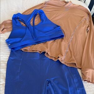 Fabletics Blue Sports Bra and Leggings 3 pc Set with Tan Long Sleeve Top